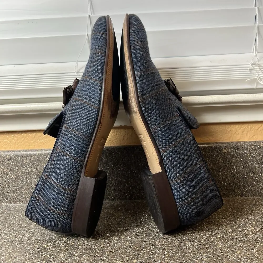 Paul Fredrick Leather Tassel Loafer Mens 13M Navy Brown Plaid Tweed Slip On Shoe